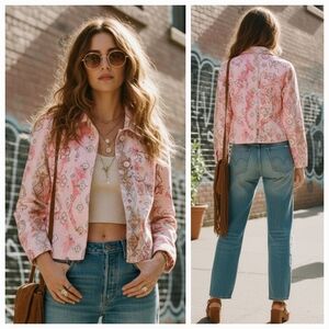 Vintage M 70s Hippie Barbiecore Boho Dopamine Western Floral Canvas Jacket